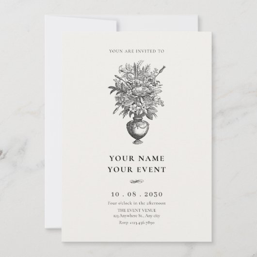 アンティークの花瓶に入ったビンテージの花 招待状 (正面)