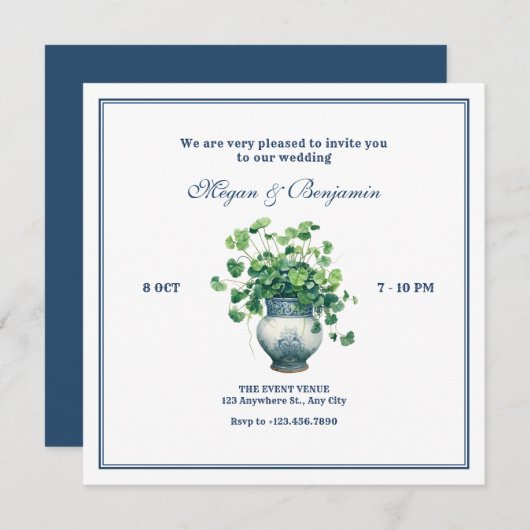 アンティークの花瓶結婚付き植物 招待状 (正面/裏面)