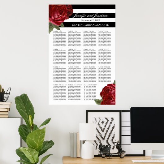 アンティークの赤いバラと黒いストライプの座席表 ポスター (ホームオフィス)