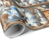 アンティークの青と白の食器 ラッピングペーパー (ロールコーナー)