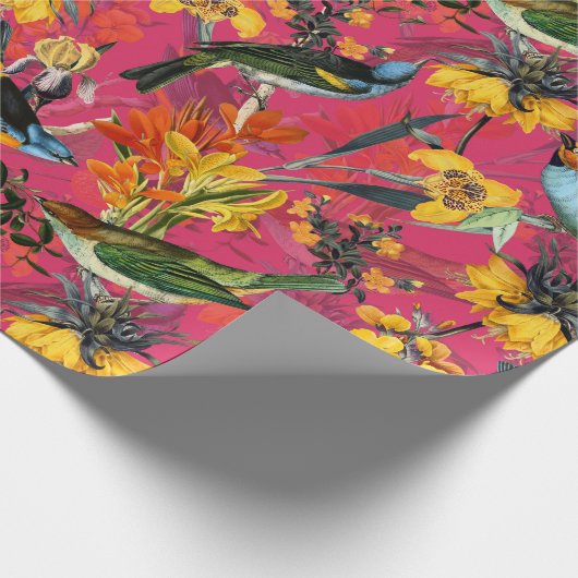 アンティークの鳥と花の模様(ピンク) ラッピングペーパー (角)