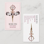 アンティークはさみ及びバナーピンクのシーストレス 名刺 (正面/裏面)