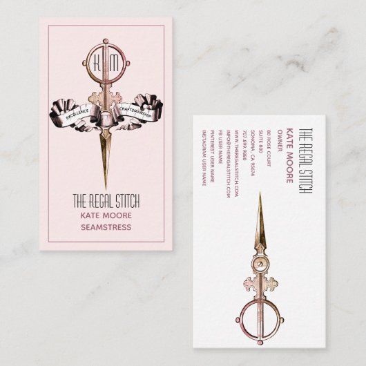 アンティークはさみ及びバナーピンクのシーストレス 名刺 (正面/裏面)