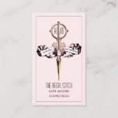 アンティークはさみ及びバナーピンクのシーストレス 名刺 (正面)