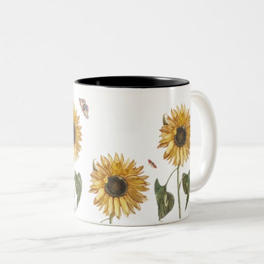 アンティークひまわりキャタピラーバタフライスケッチ ツートーンマグカップ (正面右)