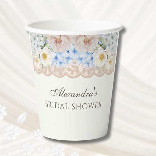 アンティークアイボリーのピーコブルー ハイドランジア ブライダルシャワー 紙コップ