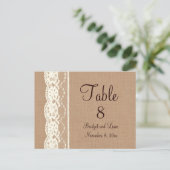 アンティークアイボリーのレースと中目の麻のテーブルナンバー ポストカード (スタンド正面)