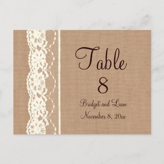 アンティークアイボリーのレースと中目の麻のテーブルナンバー ポストカード (正面)