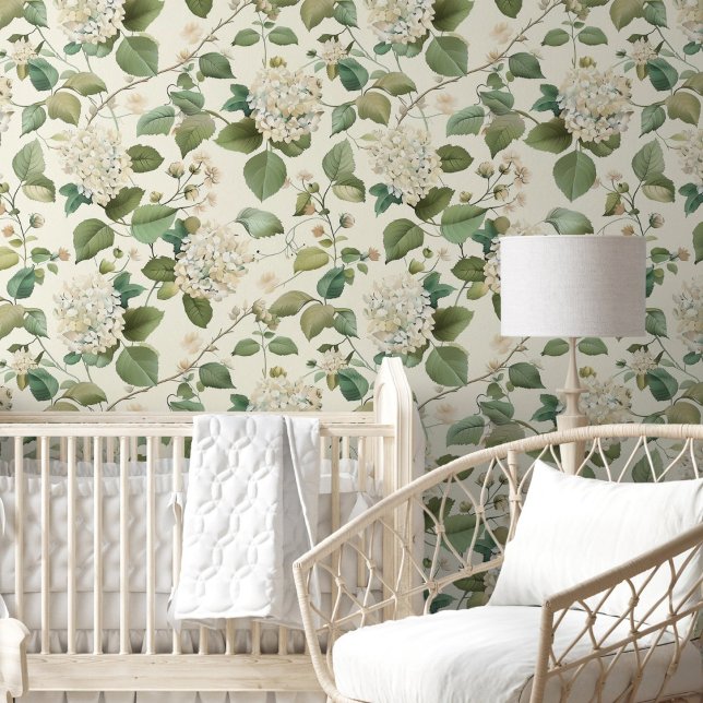 アンティークアイボリーアジサイ柄フラワーガーデン 壁紙 (Antique Ivory Hydrangea Pattern Flower Garden Wallpaper)
