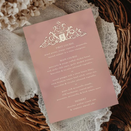 アンティークアイボリークレストマウヴ結婚のディナーメニュー 招待状