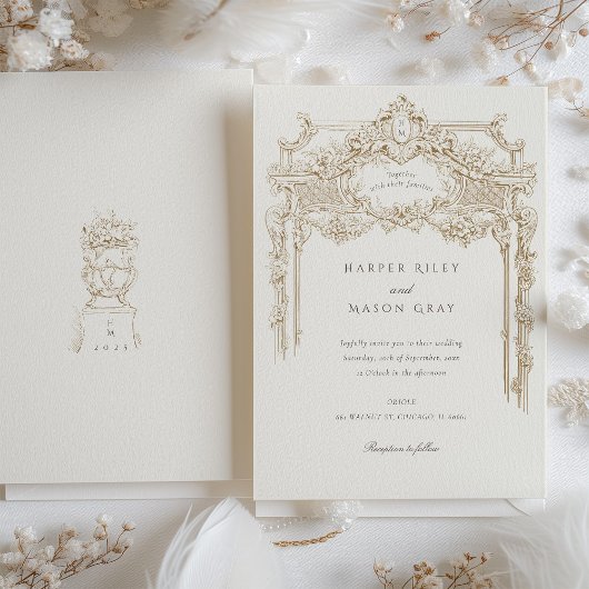 アンティークアイボリーセピアエレガントウェディングアーチ 招待状