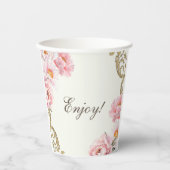 アンティークアイボリーピンク牡丹のアンティーク ブライダルシャワー 紙コップ (正面)