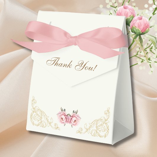 アンティークアイボリーピンク牡丹の花のウェディングシャワー フェイバーボックス