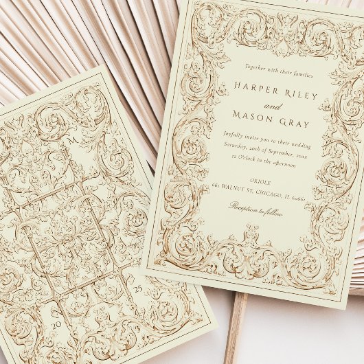 アンティークアイボリーブラウンオルネイトウェディングスクロールワーク 招待状