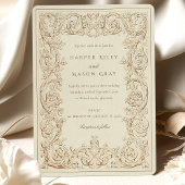 アンティークアイボリーブラウンオルネイトウェディングスクロールワーク 招待状