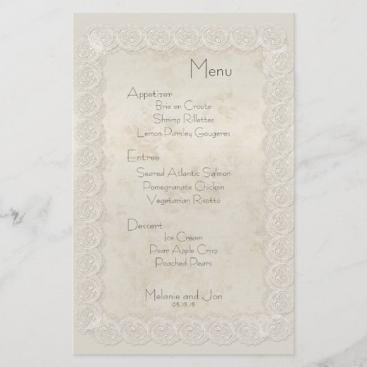 アンティークアイボリーレースフローラ結婚のメニュー文房具 (正面)