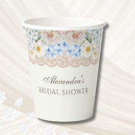 アンティークアイボリー ピンクの芍薬と青いハイドランジアのブライダルシャワー 紙コップ