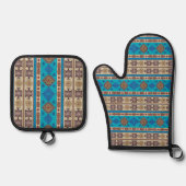 アンティークアクアブルー淡い色の金ゴールドキリムターキッシュラグ 鍋つかみ&鍋敷きセット (正面)