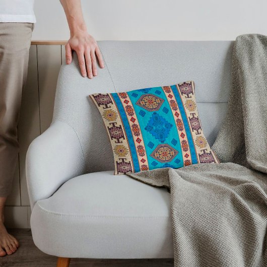 アンティークアクアブルー淡い色の金ゴールドターキリムラグ クッション