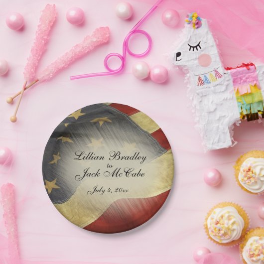 アンティークアメリ結婚カ国旗の名前と日付 ペーパープレート (パーティー)