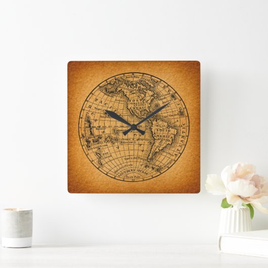 アンティークアース世界地図ヴィンテージグローブアート スクエア壁時計 (ホーム)