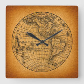 アンティークアース世界地図ヴィンテージグローブアート スクエア壁時計 (正面)
