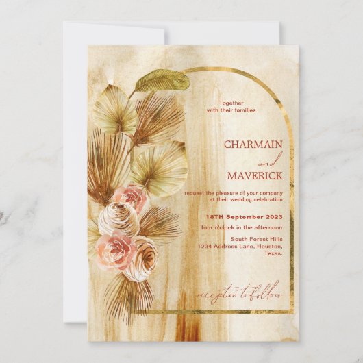 アンティークアーチ型金ゴールドボヘミアン乾結婚花 招待状 (正面)