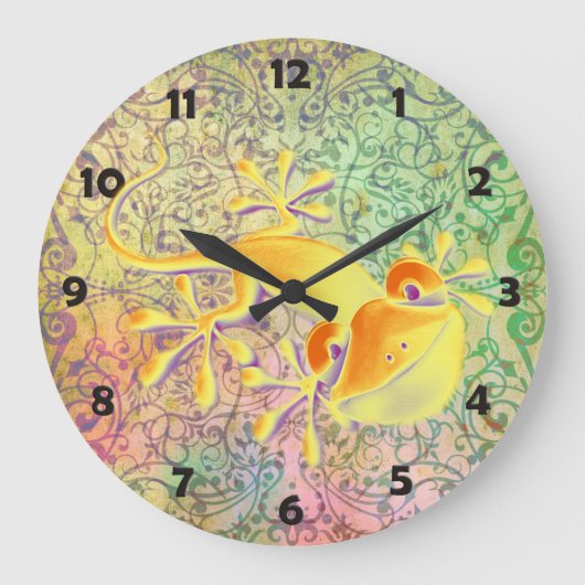 アンティークアートオーナメントパターン+笑顔のゲッコ ラージ壁時計 (正面)