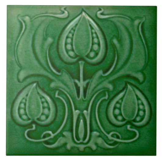 アンティークアールヌーボーグリーンマジョリカレプロタイル タイル (正面)
