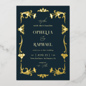 アンティークアールヌーボーフローラヴィンテージウェディング金ゴールド 箔招待状 (正面)