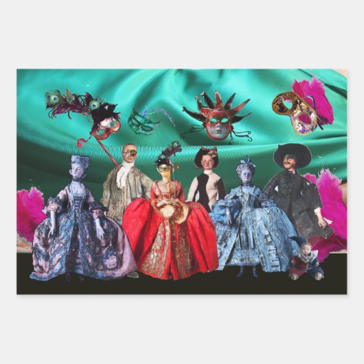 アンティークイタリアンの人形と仮面の仮装パーティー ラッピングペーパーシート (正面3)