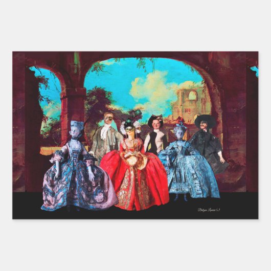 アンティークイタリアンの人形と仮面の仮装パーティー ラッピングペーパーシート (正面2)