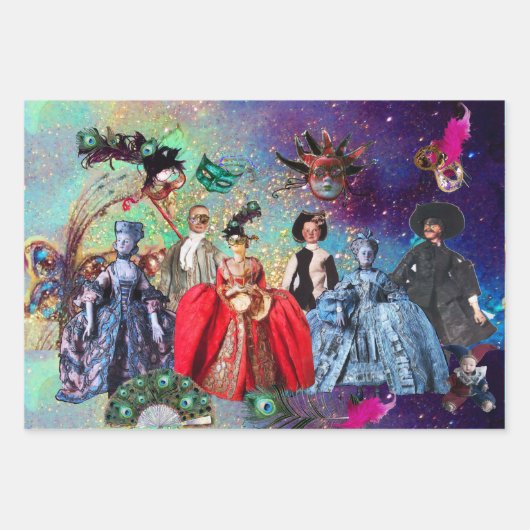 アンティークイタリアンの人形と仮面の仮装パーティー ラッピングペーパーシート (正面)