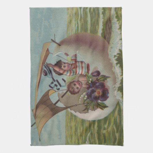 アンティークイースターカードセーリング卵の子供 キッチンタオル (縦)