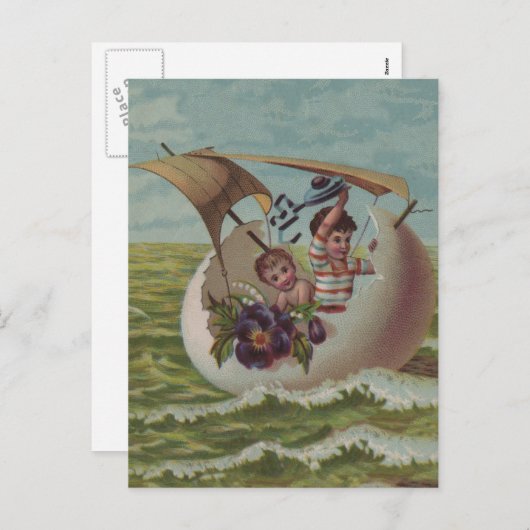 アンティークイースターカードセーリング卵の子供 シーズンポストカード (正面/裏面)