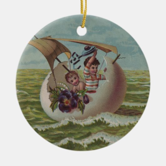 アンティークイースターカードセーリング卵の子供 セラミックオーナメント (正面)