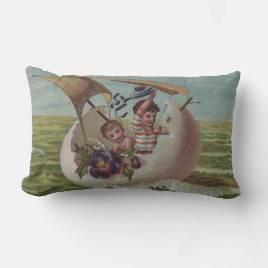 アンティークイースターカードセーリング卵の子供 ランバークッション (正面)