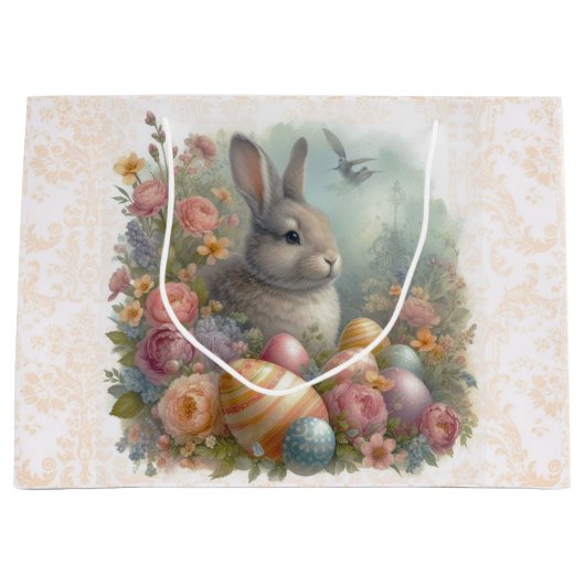 アンティークイースターバニーとダマスクフローララージ ラージペーパーバッグ (正面)