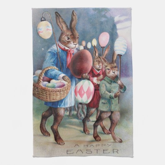 アンティークイースターバニーパレードポストカードエッグランタン キッチンタオル (縦)