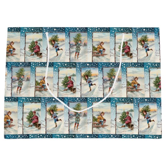 アンティークウィンターエンジェルズインスノーコラージュ ラージペーパーバッグ (正面)