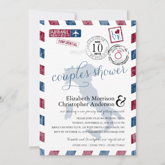 アンティークエアメールイタリア | カップルのシャワー 招待状 (正面)