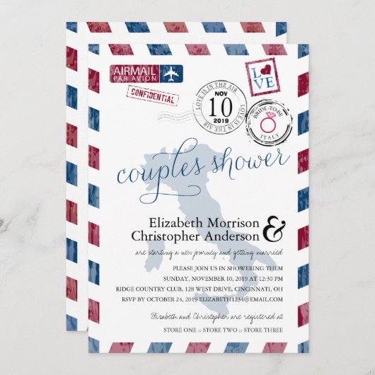 アンティークエアメールイタリア | カップルのシャワー 招待状 (正面/裏面)