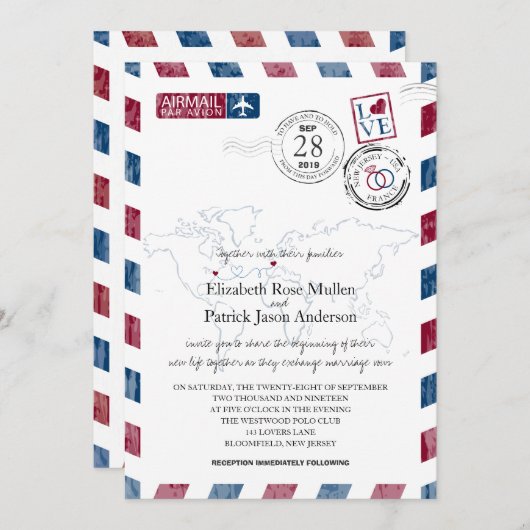アンティークエアメールニュージャージーとフランス | ウェディング 招待状 (正面/裏面)