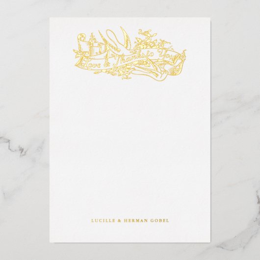 アンティークエッチングされたドームの愛と感謝していノートカード 箔招待状 (正面)
