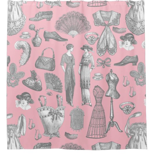アンティークエドワーディアンヴィンテージファッションレディースピンク シャワーカーテン (正面)