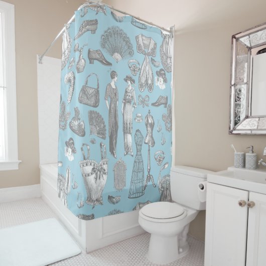 アンティークエドワーディアンヴィンテージファッションレディースブルー シャワーカーテン (インサイチュ)