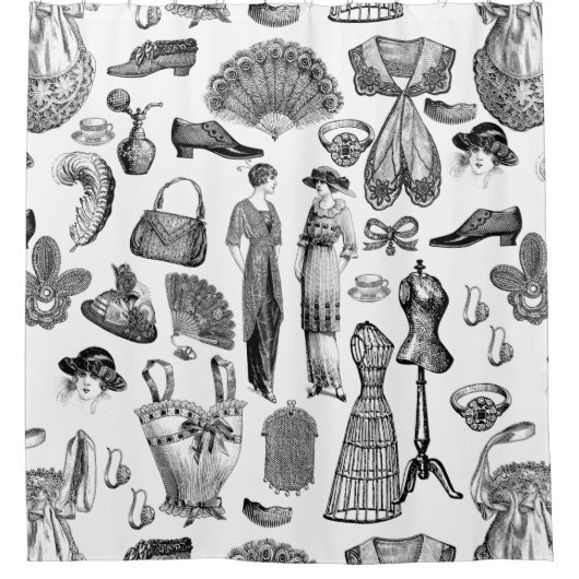 アンティークエドワーディアンヴィンテージファッションレディースホワイト シャワーカーテン (正面)