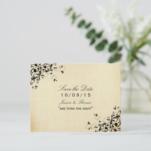 アンティークエレガントスワーズ結婚式の日付を保存 案内ポストカード (スタンド正面)