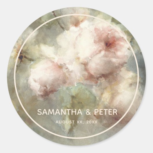 アンティークエレガントバラ、ソフトピンク水色フローラ ラウンドシール (正面)