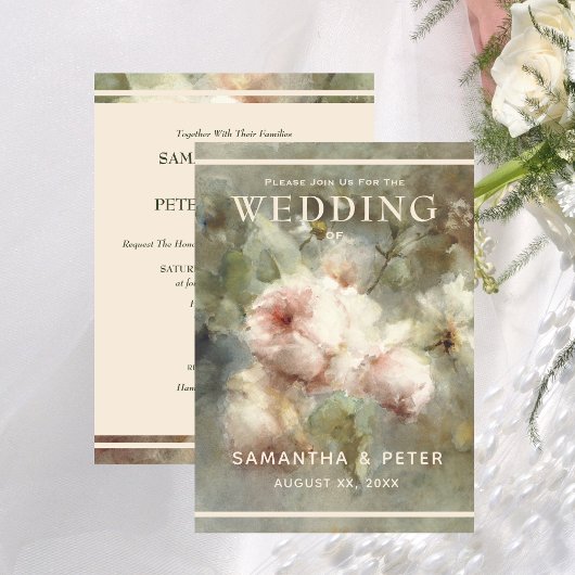 アンティークエレガントバラ、ソフトピンク水色フローラ 招待状